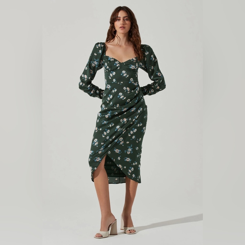 🎀 ASTR THE LABEL green floral satin milk maid dress XL Euc